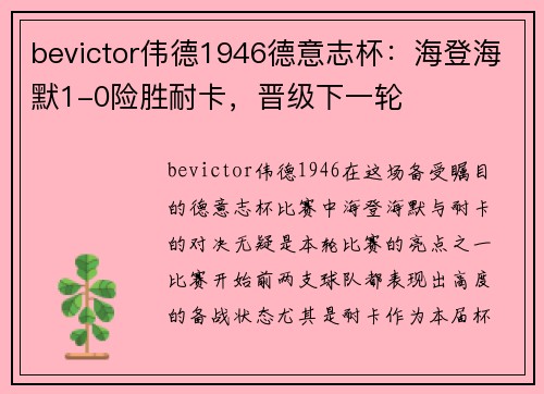 bevictor伟德1946德意志杯：海登海默1-0险胜耐卡，晋级下一轮